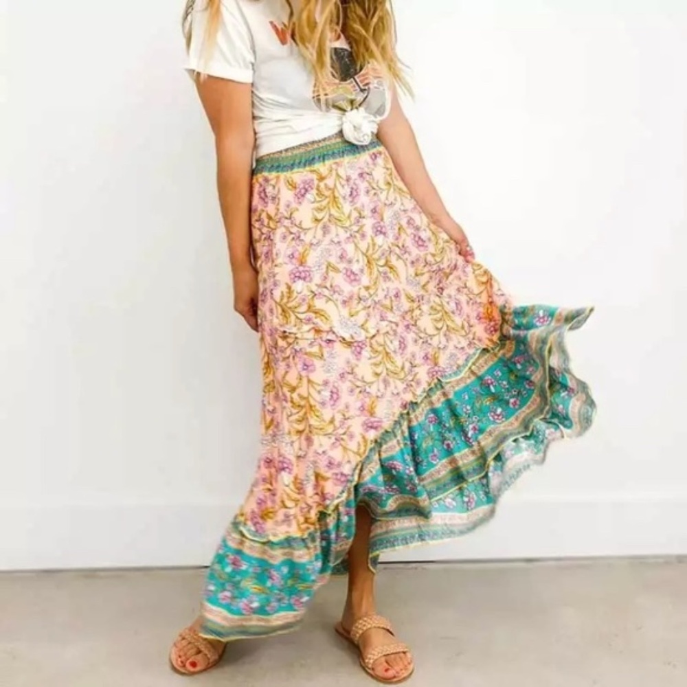 Bohemian Floral Gypsy Elastic Smocked Waist Skirt